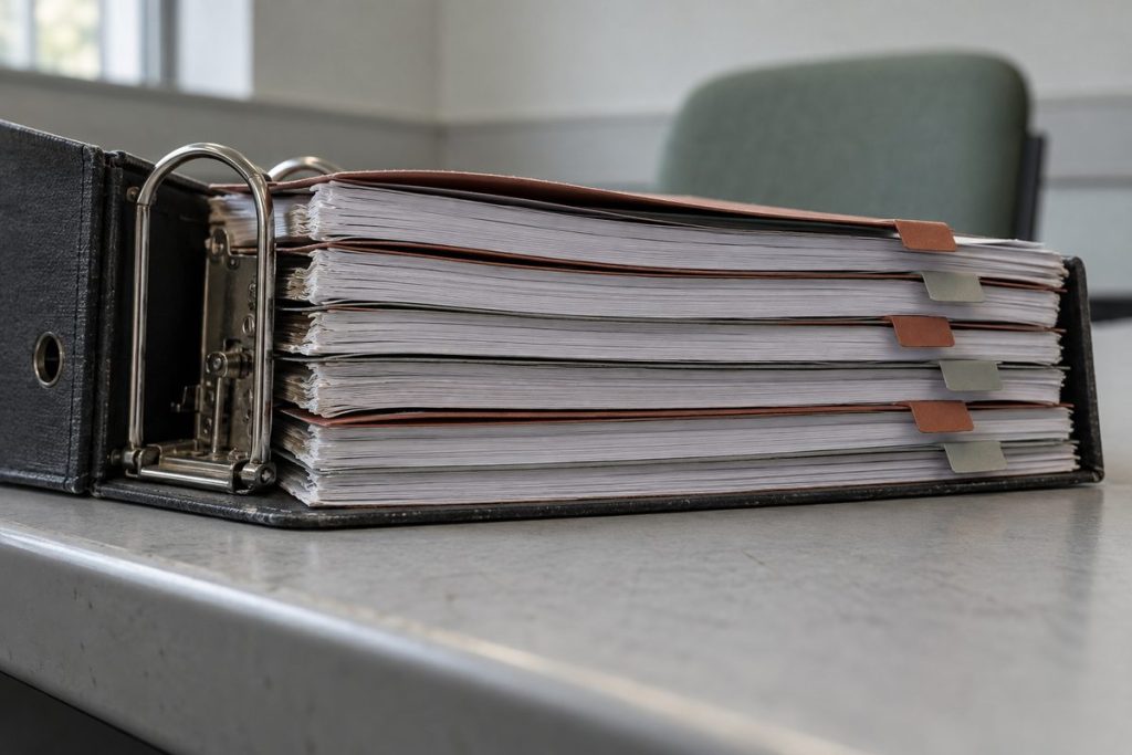 An open dissertation binder with rust and grey chapter dividers, seen from a low angle across a seminar table.