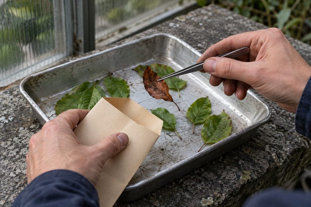 Researcher's hands select a brown leaf with forceps above a tray of green leaves beside a greenhouse.