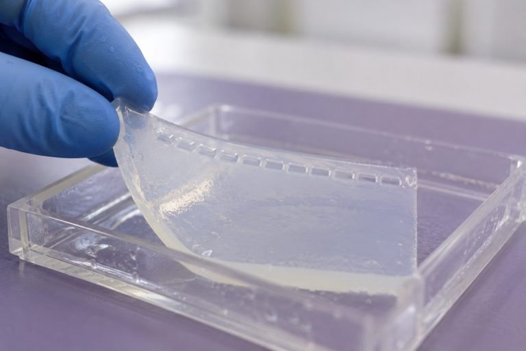 Blue-gloved fingertips lift a translucent agarose gel with sample wells from a clear tray on a lavender laboratory bench.